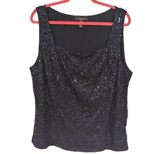 R&M Richards Tank Top 22W Navy Blue Sequin Lace Drape Neck Glam Party 22W